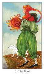 Card from a tarot deck featuring a person with red hair and a sun, standing on a rock with a dog.