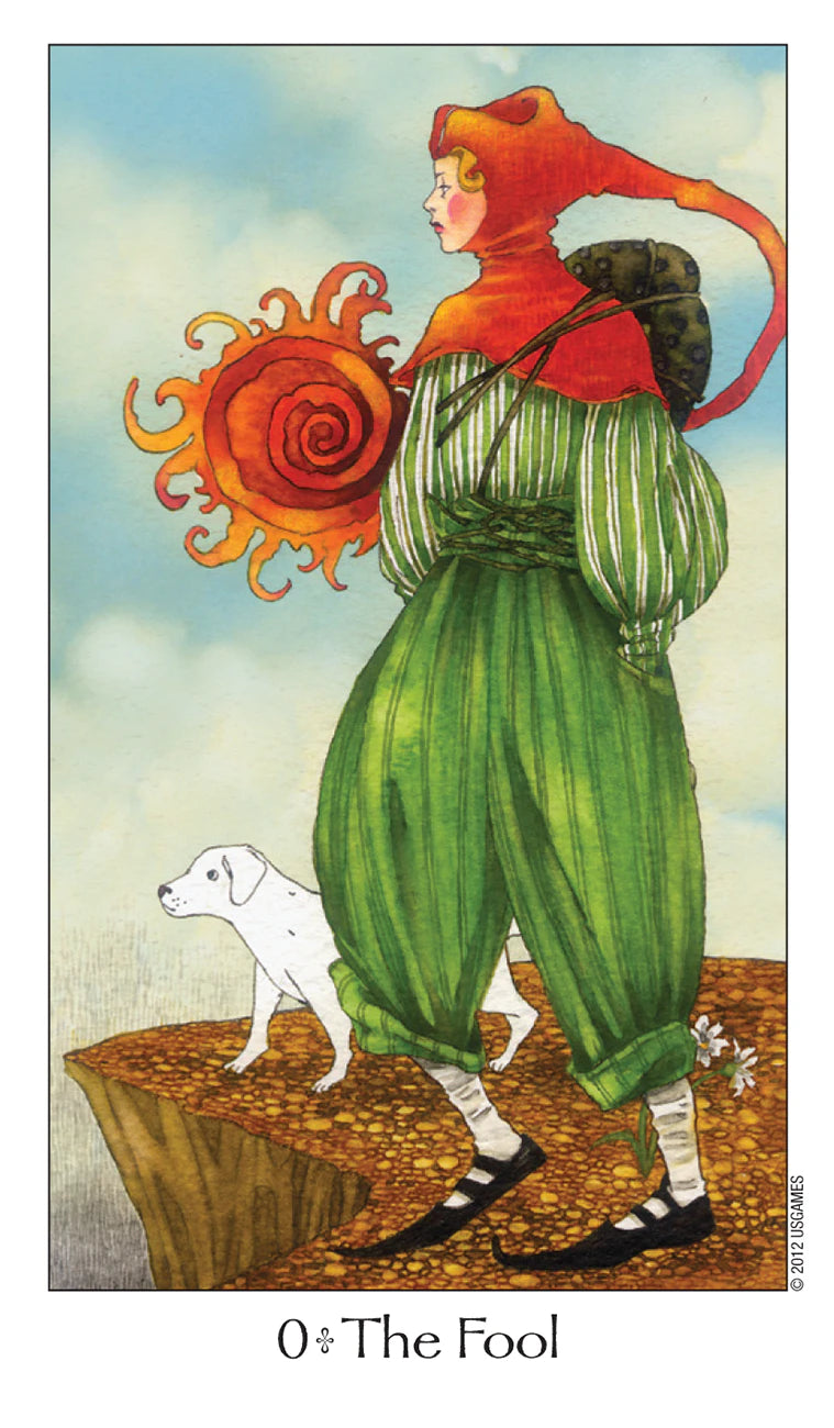 Card from a tarot deck featuring a person with red hair and a sun, standing on a rock with a dog.