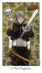 Card featuring 'The Magician' from a tarot deck with a person in vintage attire against a leafy background.