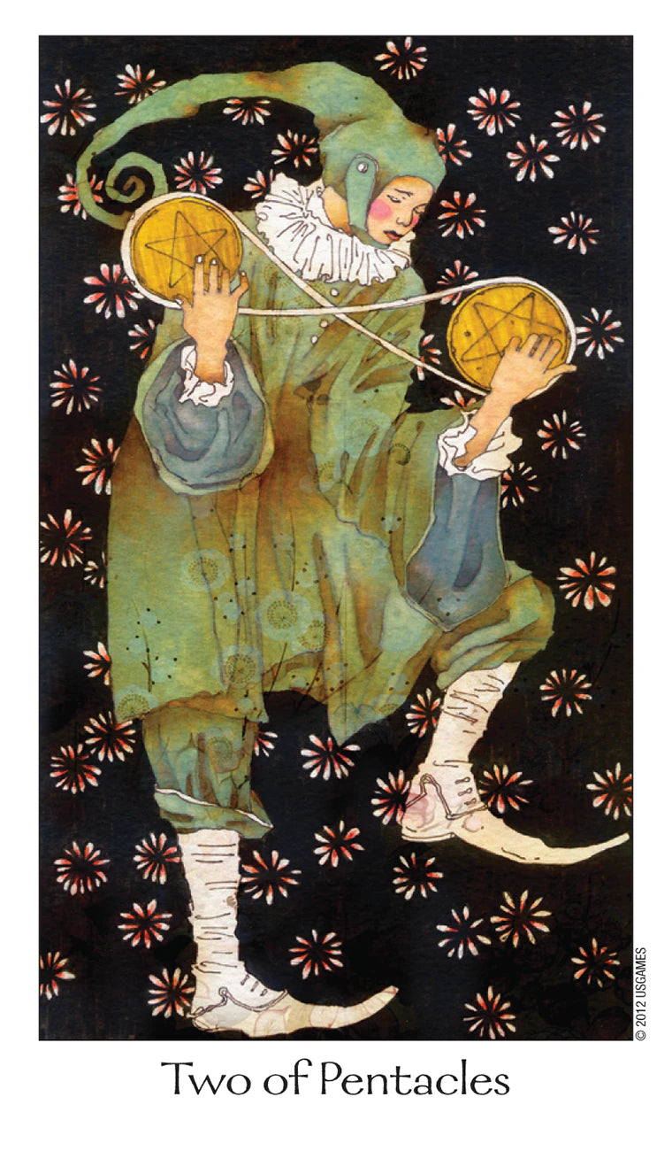 Tarot card featuring a figure holding two gold coins against a decorative background