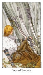 Tarot card illustration of 'Four of Swords' with a person holding swords in a forest setting.