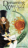 Cover of 'Dreaming Way Tarot' by Rome Choi featuring a person holding a Torah with a sun design.