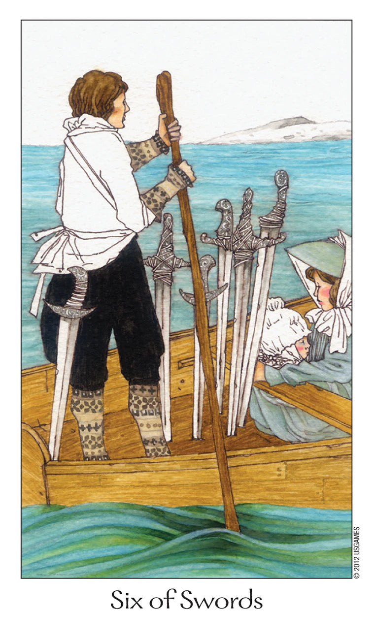 Card from a tarot deck showing a person with swords on a boat, titled 'Six of Swords'.