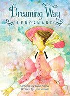 Book cover of 'Dreaming Way Lenormand' with a woman in a pink dress and hat on a colorful background.
