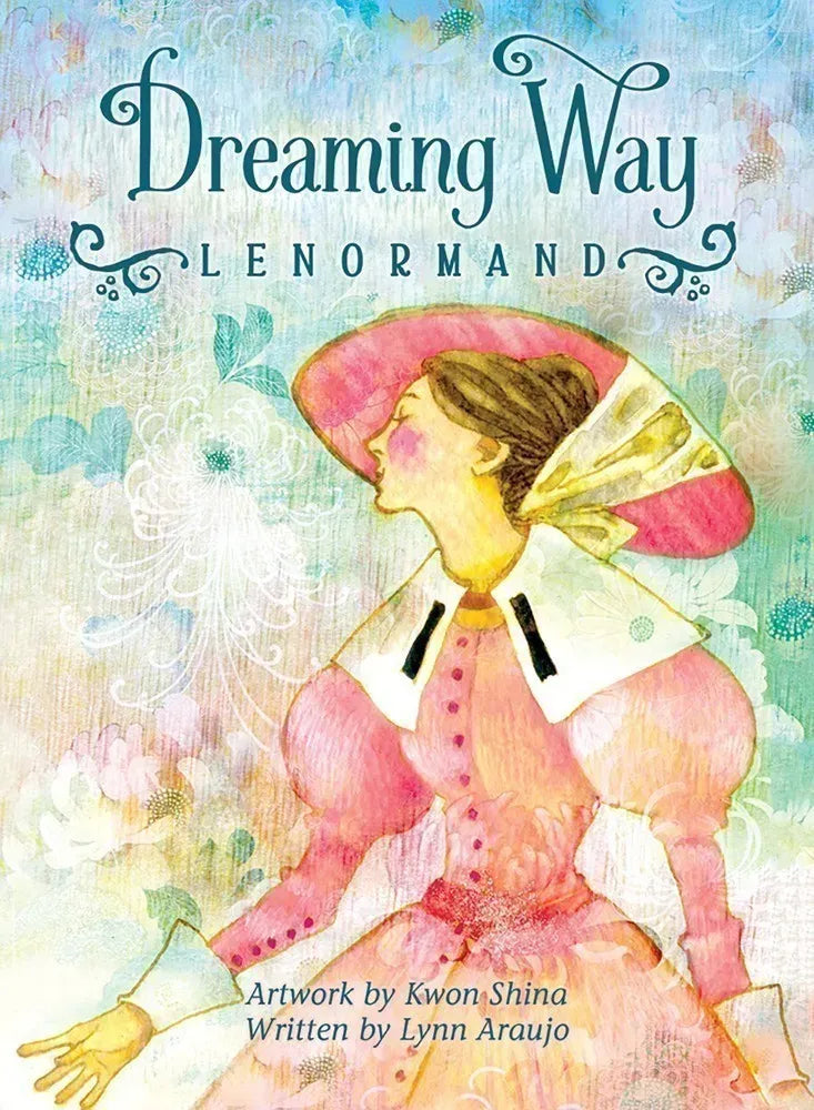 Book cover of 'Dreaming Way Lenormand' with a woman in a pink dress and hat on a colorful background.