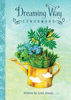 Book cover of 'Dreaming Way Lenormand' with a watering can and plants on a light blue background.