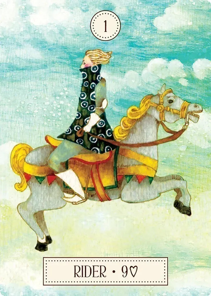 Card featuring a rider on a horse with a celestial background, labeled 'Rider - 9?'.