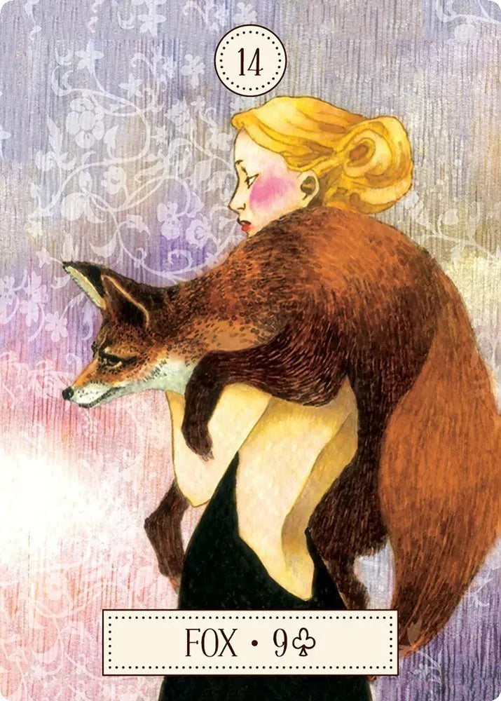 Illustration of a woman with a fox on her back, tarot card style