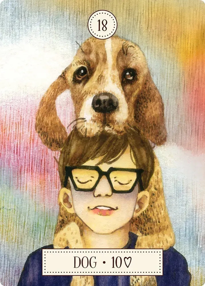 Illustration of a person with a dog on their head against a colorful background