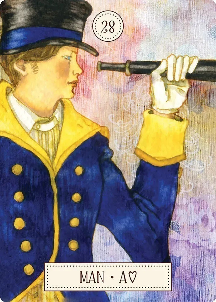 Illustration of a man in a blue coat and top hat holding a telescope against a colorful background.