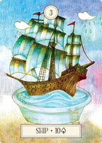 Card featuring a ship illustration with colorful sails and a blue sky.