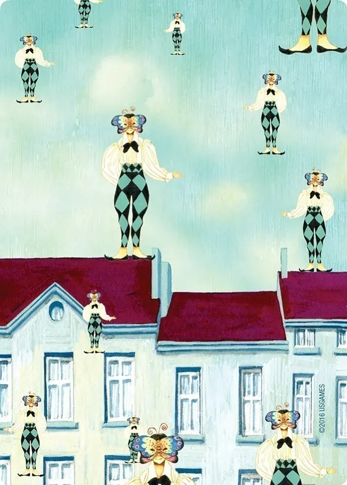 Illustration of harlequin figures on rooftops with a light blue sky.