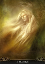 Oracle Card 2 - Beatrice, from the Dante's Inferno Oracle. The card is sepia toned, the woman's long white gold hair and dress swirl in the breeze.