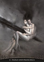 Artistic depiction of two figures embracing with smoke rising between them, set against a dark, textured background. Card 4 - Paolo and Francesca from the Dante's Inferno Oracle Deck