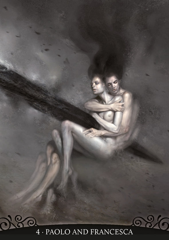 Artistic depiction of two figures embracing with smoke rising between them, set against a dark, textured background. Card 4 - Paolo and Francesca from the Dante's Inferno Oracle Deck