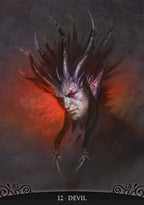 Artistic depiction of a devil figure with red glowing eyes on a dark background. Card 12 - Devil from the Dante's Inferno Oracle Deck