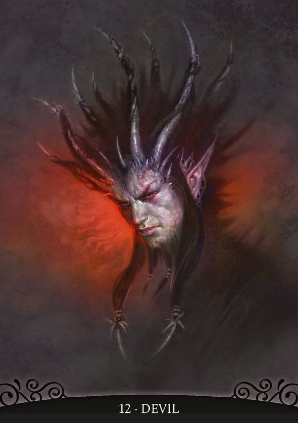 Artistic depiction of a devil figure with red glowing eyes on a dark background. Card 12 - Devil from the Dante's Inferno Oracle Deck