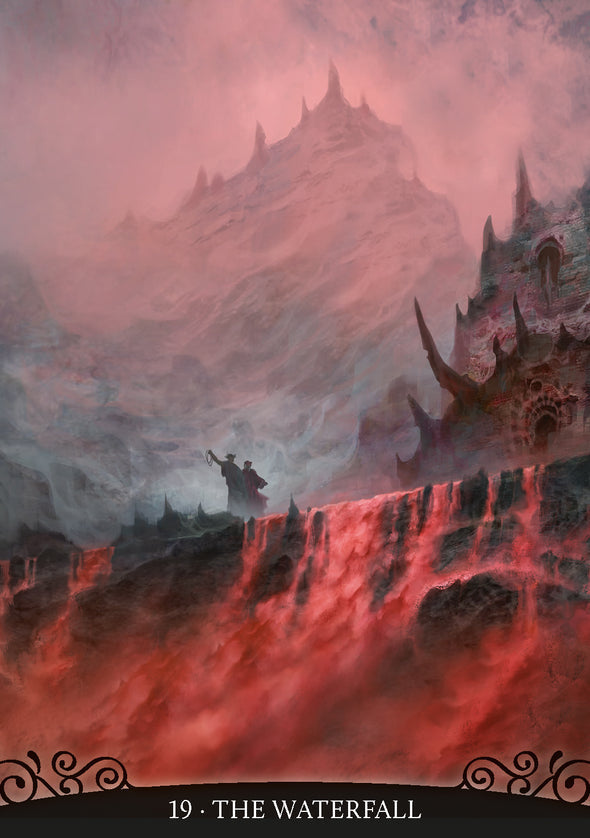 Majestic mountain landscape with a waterfall and mystical atmosphere. Card 19 - The Waterfall from the Dante's Inferno Oracle Deck