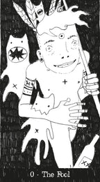 Black and white illustration of a tarot card titled 'The Fool' with a character holding a staff.