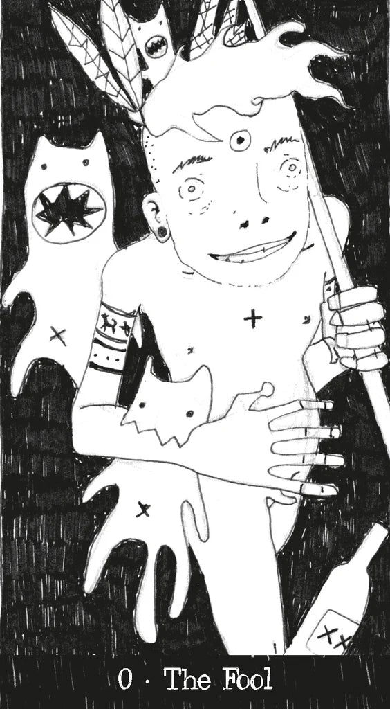 Black and white illustration of a tarot card titled 'The Fool' with a character holding a staff.