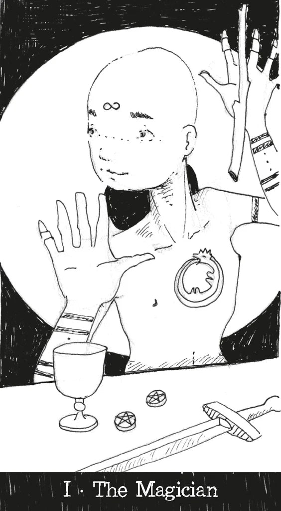 Black and white illustration of 'The Magician' tarot card with a person casting a spell.