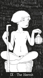 Black and white illustration of 'The Hermit' tarot card with a person holding a lantern and staff.