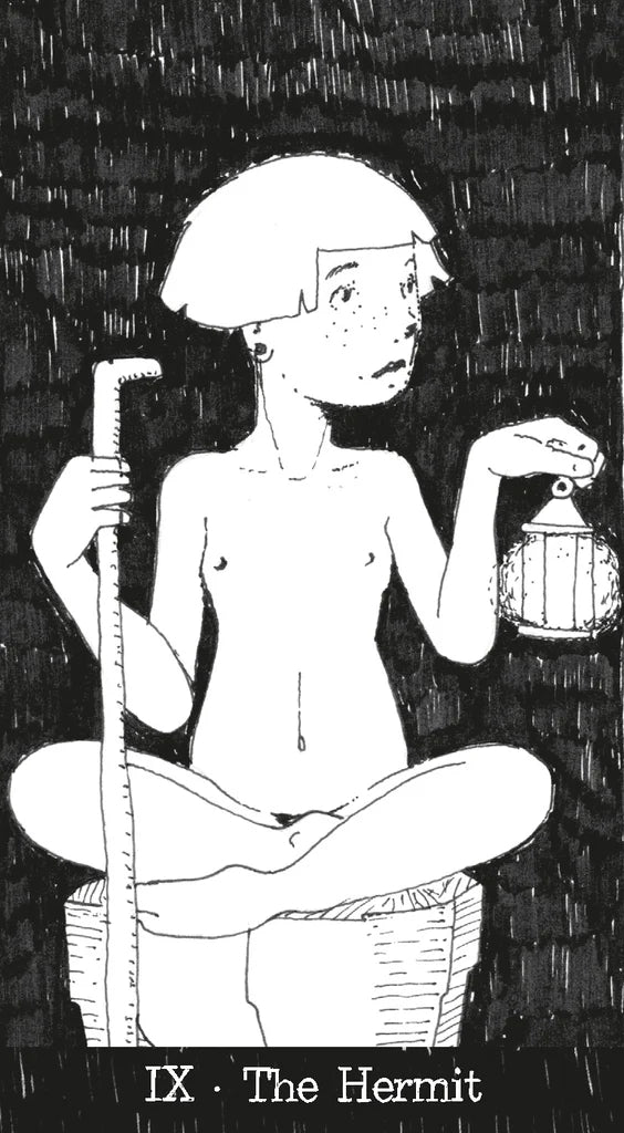 Black and white illustration of 'The Hermit' tarot card with a person holding a lantern and staff.