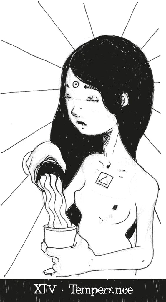 Black and white illustration of a woman with a cup, labeled 'XIV Temperance'.