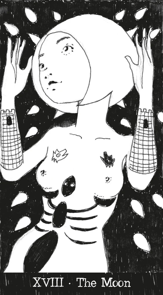 Black and white illustration of 'The Moon' tarot card with a stylized face and hands.