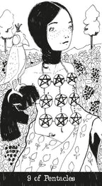 Illustration of a person with pentacle symbols on their chest, surrounded by nature elements.