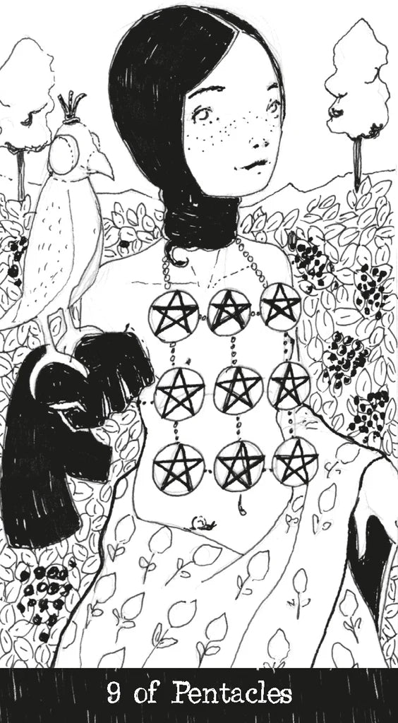 Illustration of a person with pentacle symbols on their chest, surrounded by nature elements.