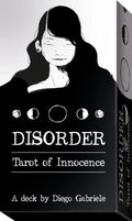 Card deck packaging for 'Disorder Tarot of Innocence' by Diego Gabriele with a stylized illustration of a woman on a white background.
