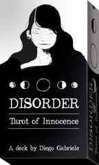 Card deck packaging for 'Disorder Tarot of Innocence' by Diego Gabriele with a stylized illustration of a woman on a white background.