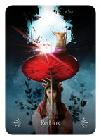 Card featuring a person with animal ears holding a red umbrella against a dark background with 'Red Fox' text.