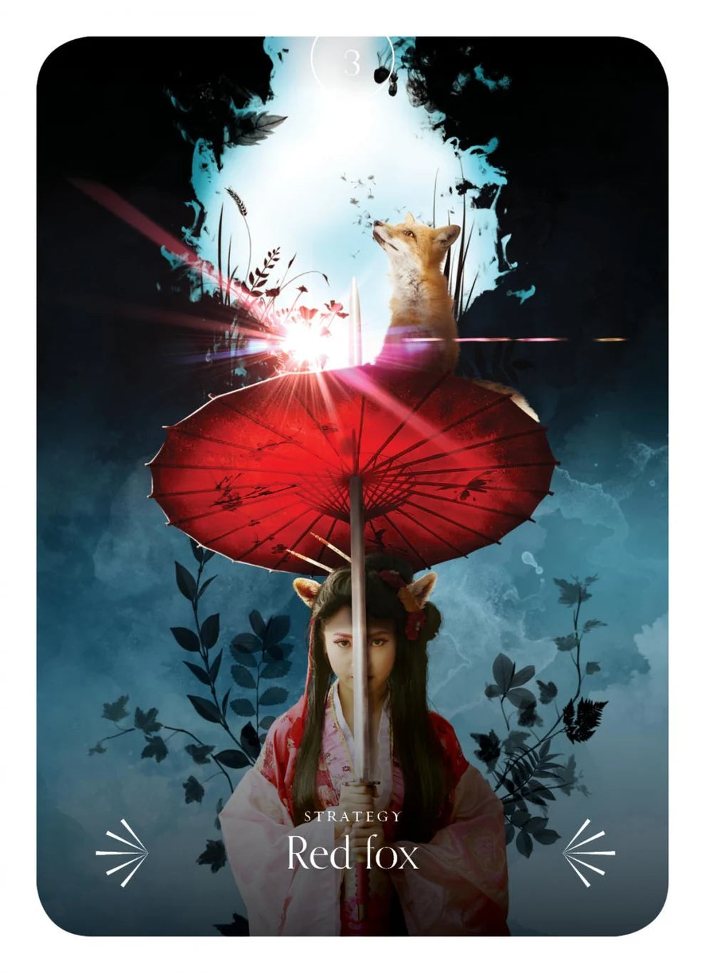 Card featuring a person with animal ears holding a red umbrella against a dark background with 'Red Fox' text.