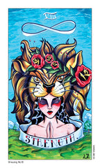 Colorful tarot card featuring a stylized lioness with flowers and the word 'Strength' on a blue and green background.