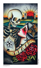 Skeletal figure and woman with roses and a butterfly in a tattoo-style illustration.