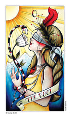Artistic depiction of 'The Fool' from a tarot card series, featuring a person with braided hair and a staff.