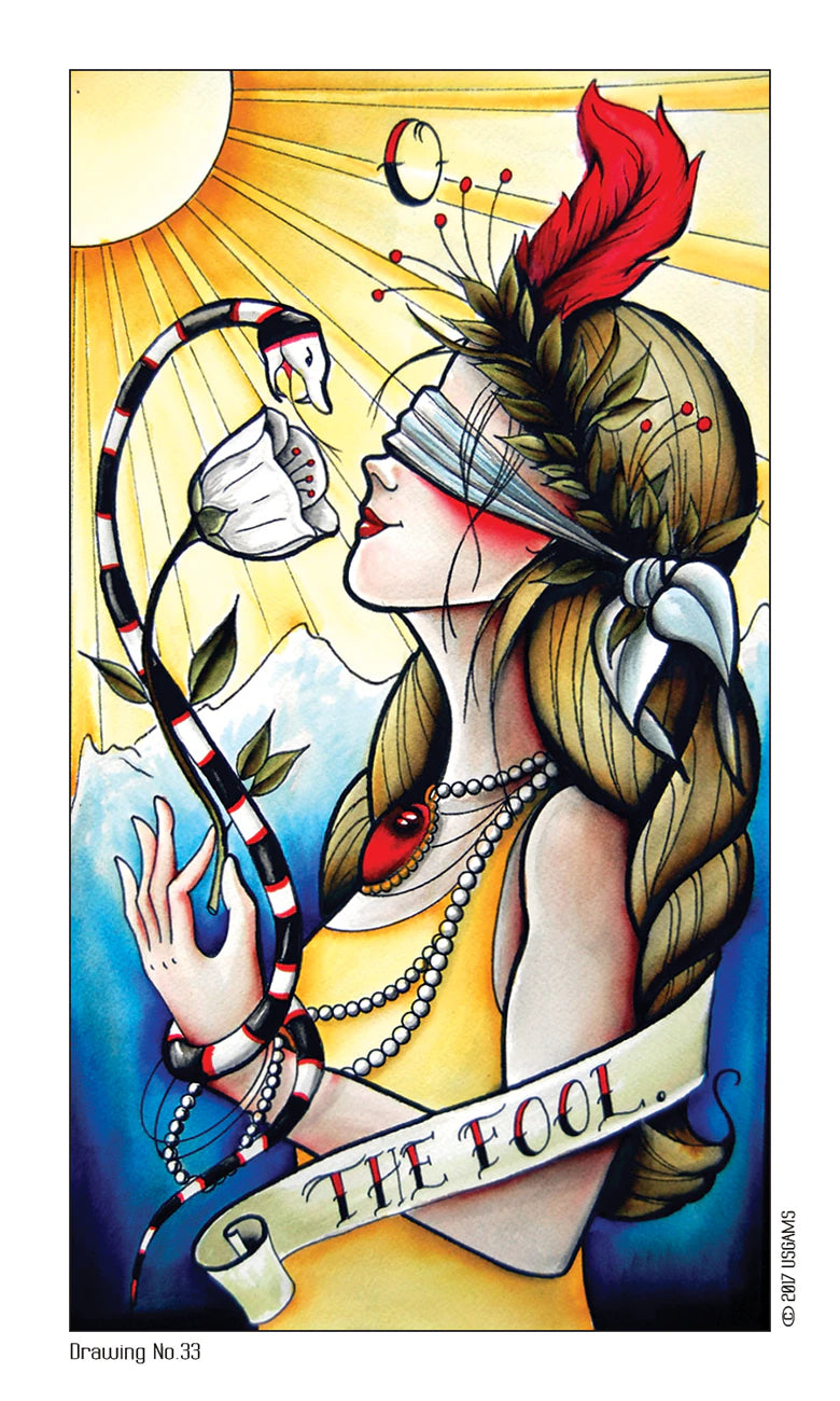 Artistic depiction of 'The Fool' from a tarot card series, featuring a person with braided hair and a staff.