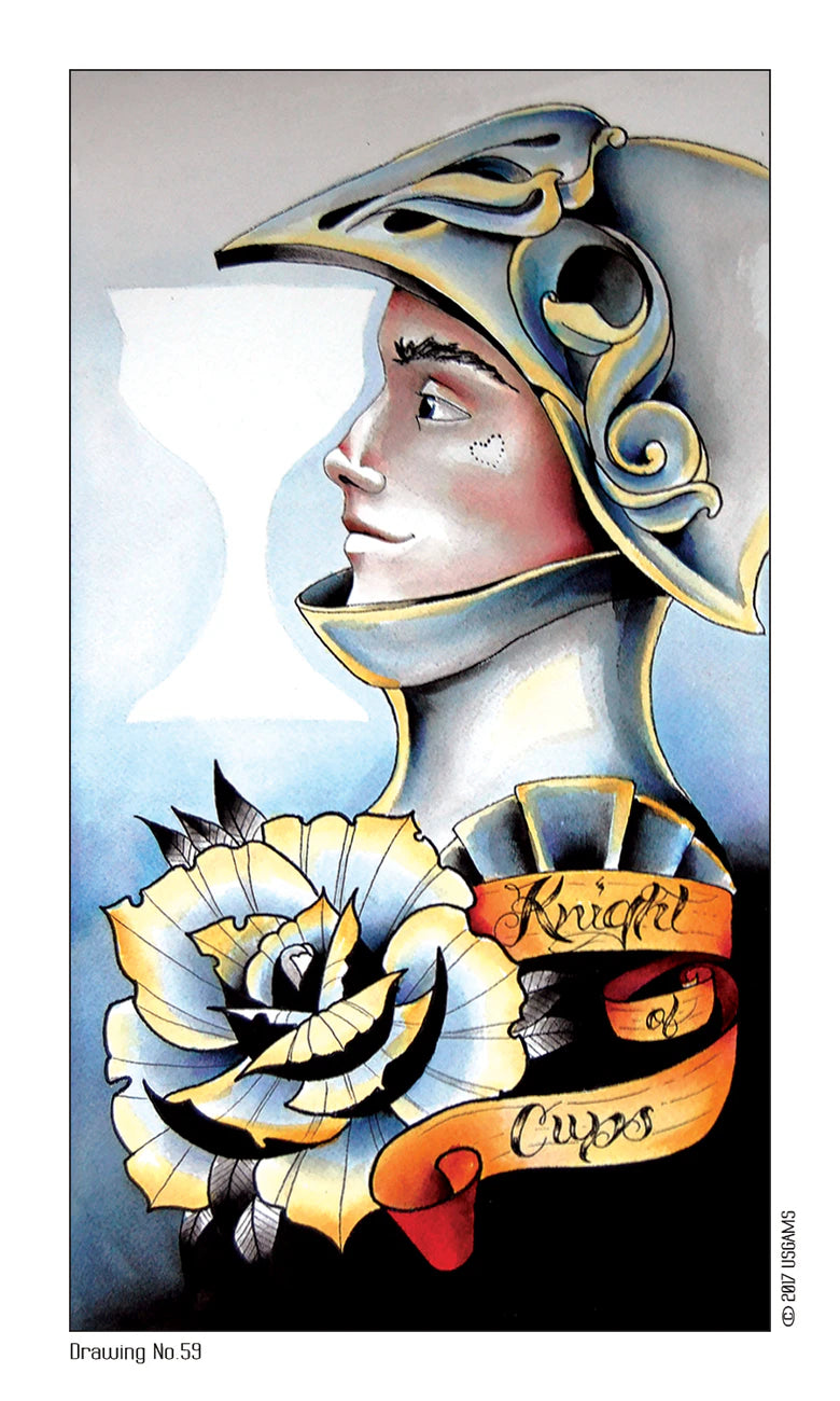 Illustration of a knight in armor with a rose and text on a gray background