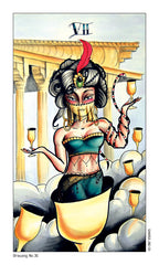 Tarot card with a stylized figure holding a cup against an architectural background