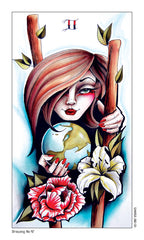 Illustration of a woman holding a dove and flowers with a brand logo in the corner.
