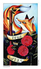 Artistic depiction of a fox with floral elements and text on a blue background