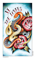 Colorful tattoo design of snakes and roses with text on a blue background