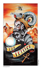 Card featuring a stylized illustration of a bearded figure with a crown and ram's head, set against an orange and red background.