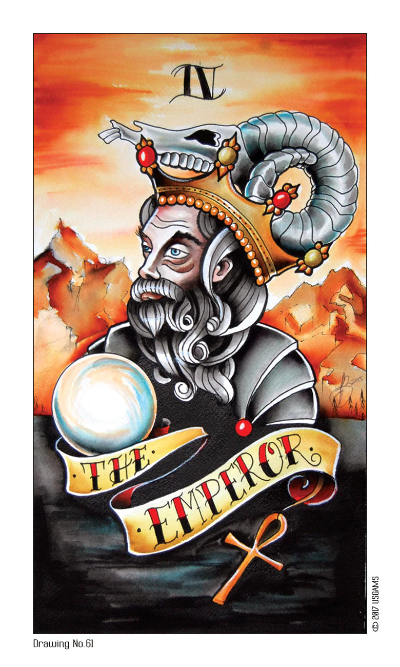 Card featuring a stylized illustration of a bearded figure with a crown and ram's head, set against an orange and red background.