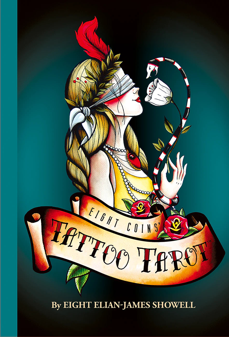 Book cover of 'Eight Coins Tattoo Tarot' with a stylized illustration of a woman and text.