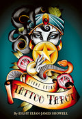 Cover of 'Eight Coins Tattoo Tarot' with a stylized face, star, and snake design.