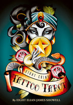 Cover of 'Eight Coins Tattoo Tarot' with a stylized face, star, and snake design.