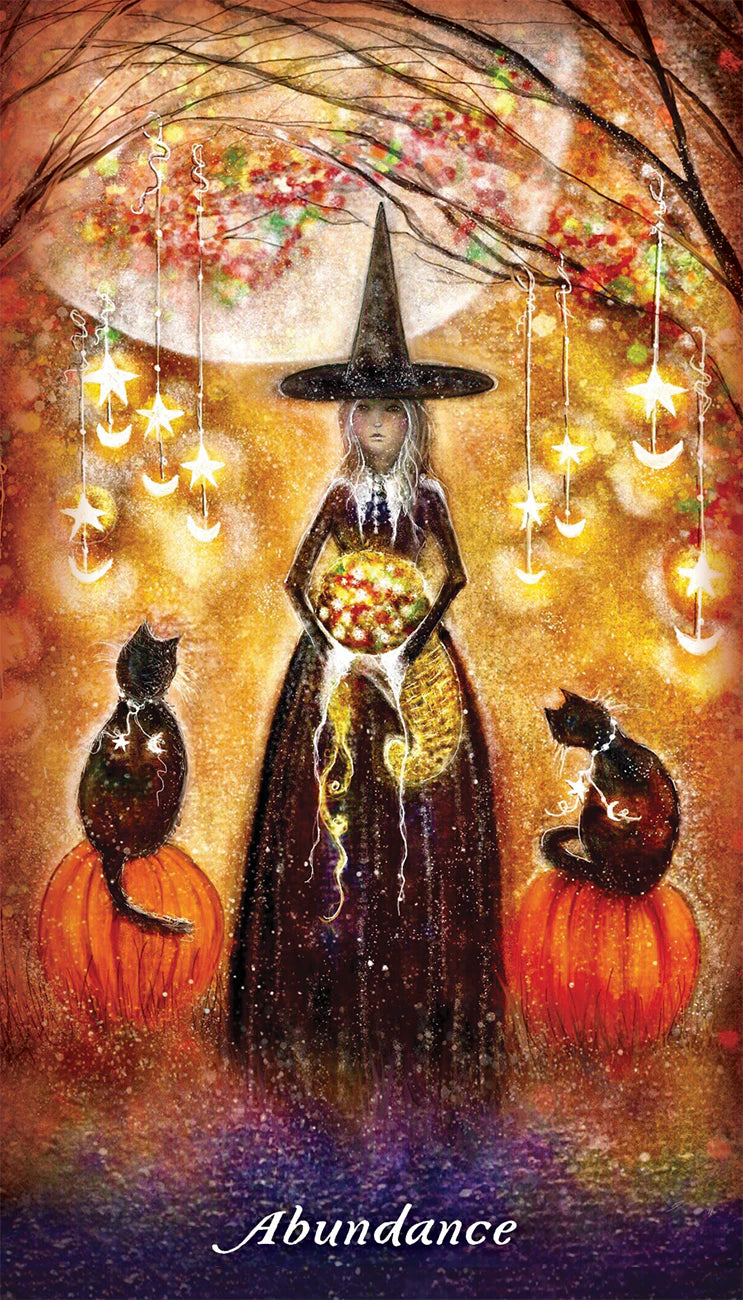 Halloween-themed artwork with a witch, pumpkins, and cats under a moonlit sky.